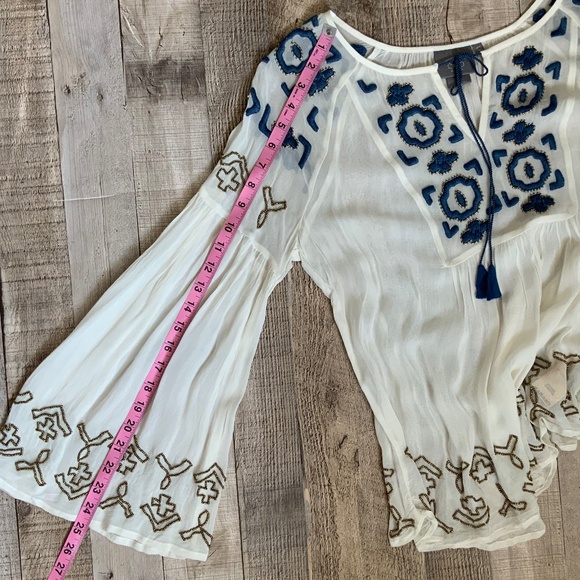 Anthropologie Diem Ivory Chiffon Embroidered Beaded Boho Flounce Peasant Top 6 - Picture 14 of 15